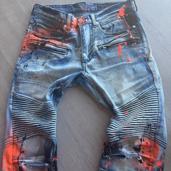 Men's Distressed Blue and Orange Skinny Jeans - Picture 6 of 8